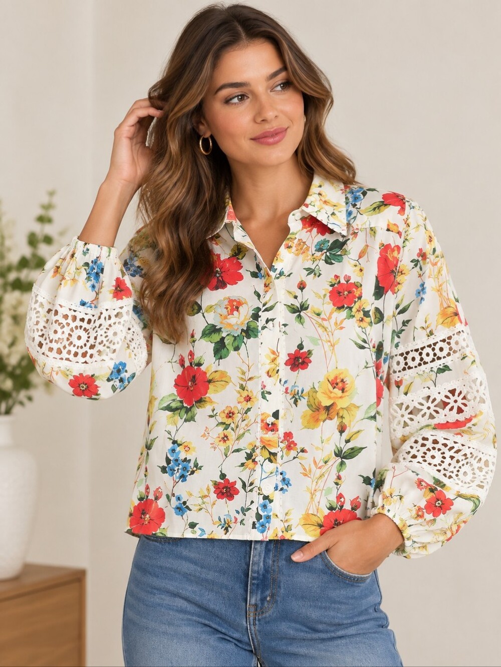 505. Industry Floral Lace-Trim Balloon Sleeves Button-Down Blouse Size M